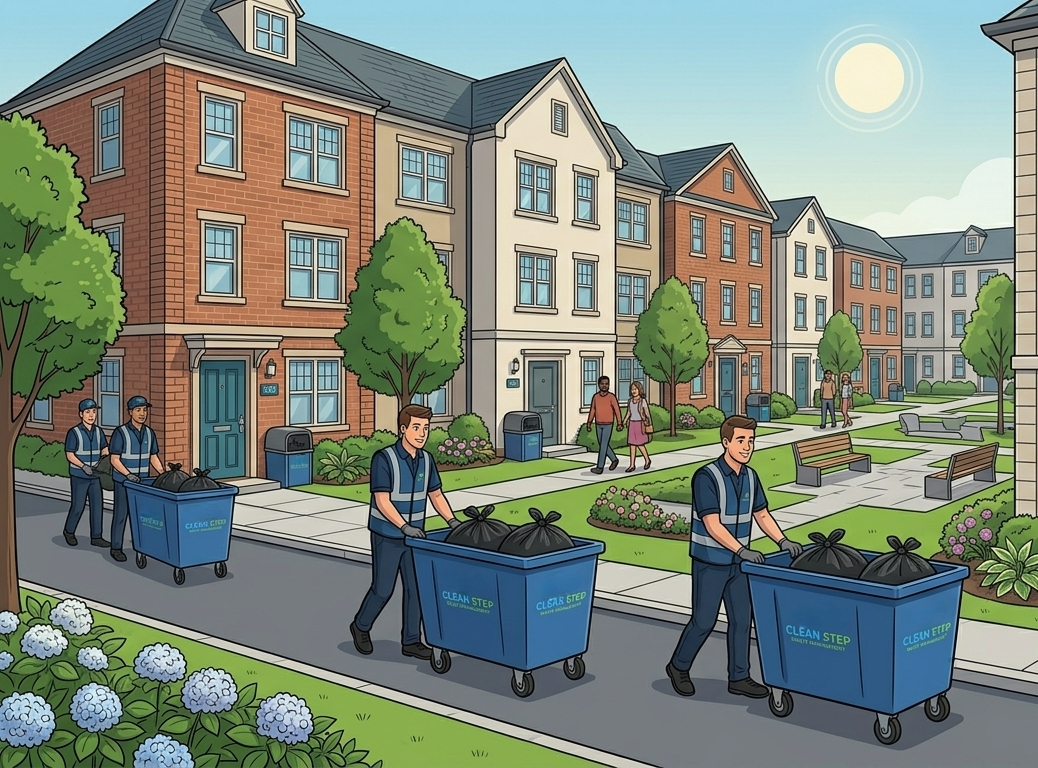 Clean Step Waste Management attendants working at a clean, professional residential apartment community
